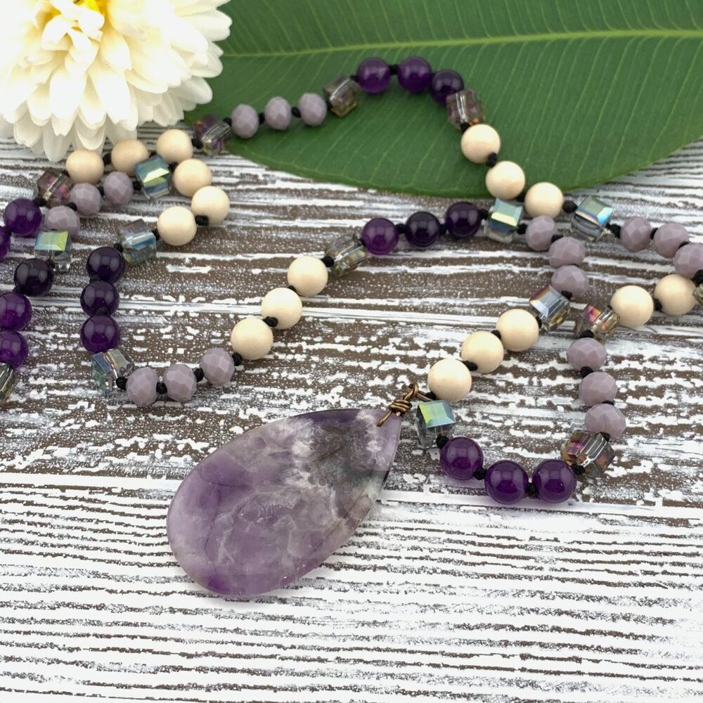 Amethyst Stone Teardrop Stone & Glass Beads Long Necklace Boho J890 - Picture 6 of 10